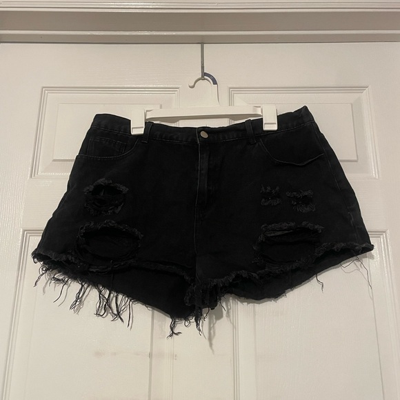 SHEIN Pants - High-Waisted Distressed Jean Shorts with Fray & Elastic Waist